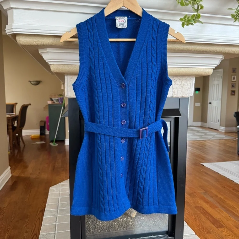 Vintage Retro Blue Cable Knit Belted Sweater Vest Wool Royal Blue - Picture 3 of 6